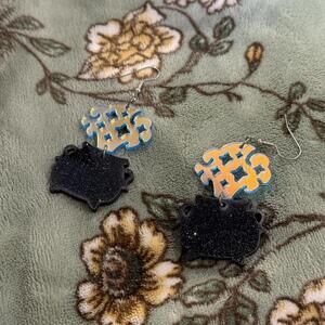 Halloween Themed Cauldron Iridescent and Black Glitter Earrings